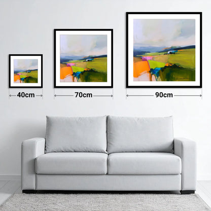 Vivid Patchwork Lakeland Dale - size guide showing 40cm, 70cm and 90cm art prints