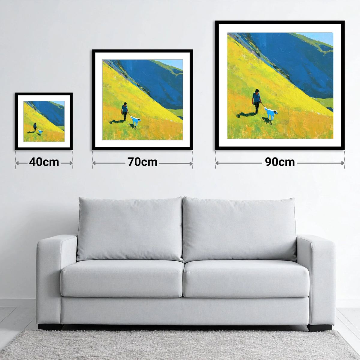 Sunlit Dog Walk on Helvellyn - size guide showing 40cm, 70cm and 90cm art prints