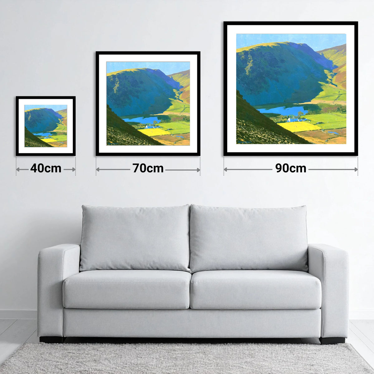 High Seat Over Vibrant Fields - size guide showing 40cm, 70cm and 90cm art prints