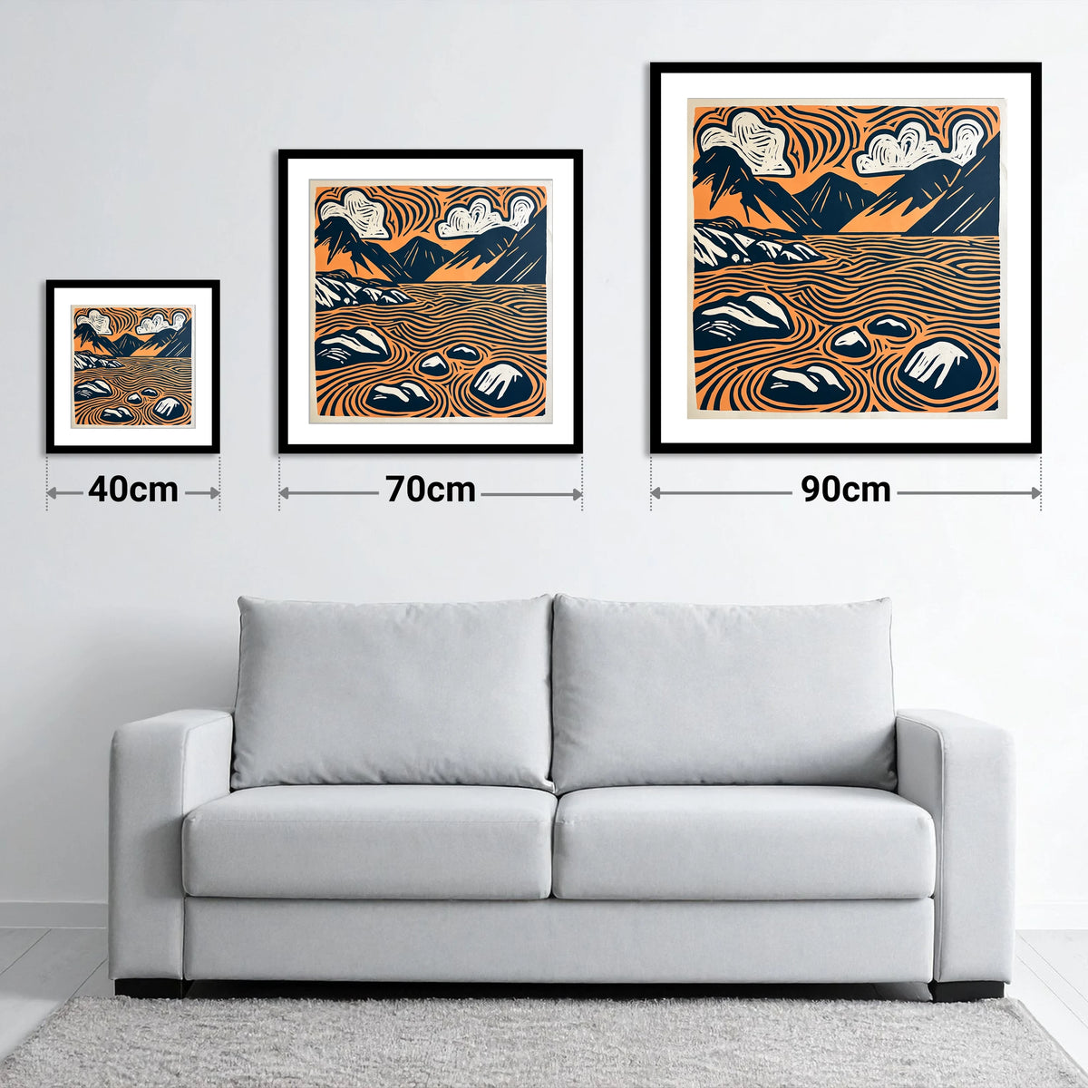 Graphic Terracotta Wastwater Landscape - size guide showing 40cm, 70cm and 90cm art prints
