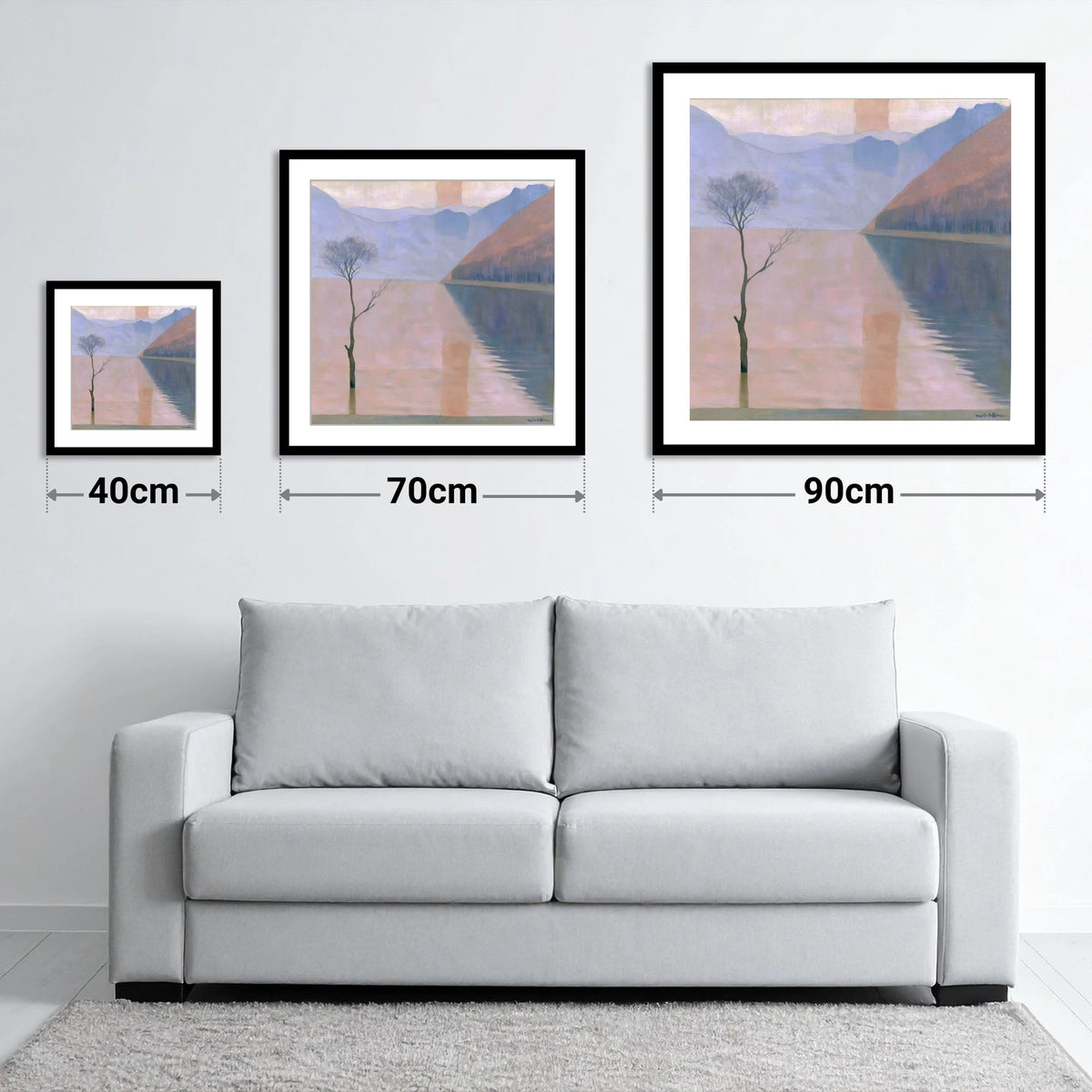Buttermere Lone Tree in Pastel Light - size guide showing 40cm, 70cm and 90cm art prints