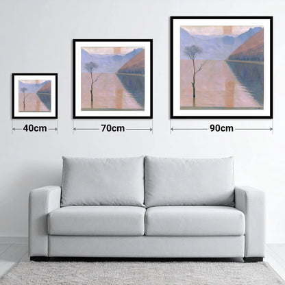 Buttermere Lone Tree in Pastel Light - size guide showing 40cm, 70cm and 90cm art prints