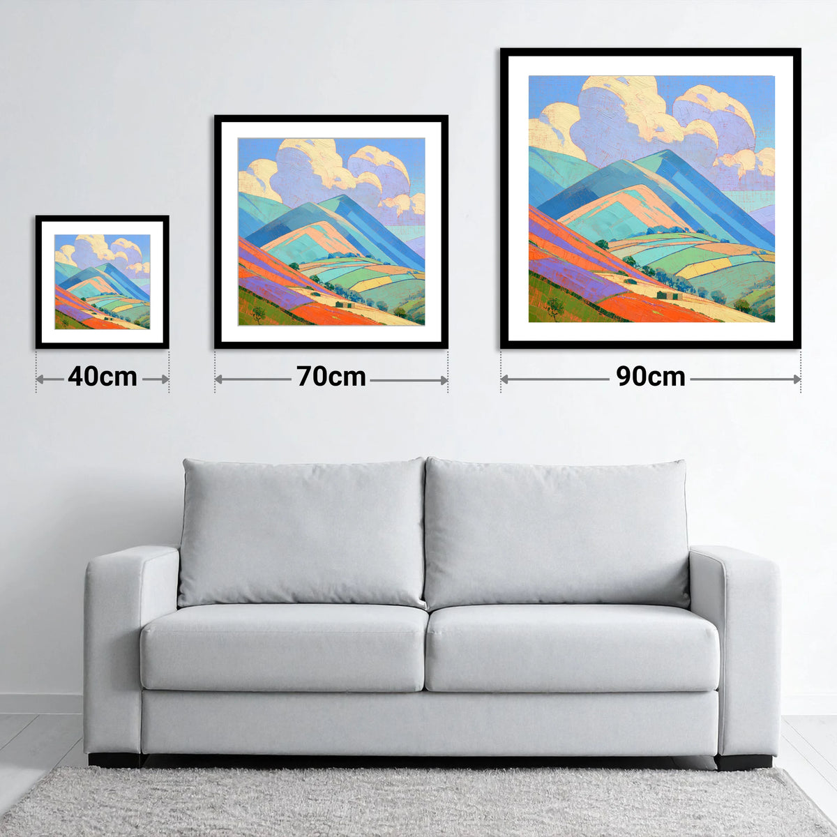 Turquoise and Orange Rolling Fells - size guide showing 40cm, 70cm and 90cm art prints