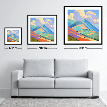 Turquoise and Orange Rolling Fells - size guide showing 40cm, 70cm and 90cm art prints