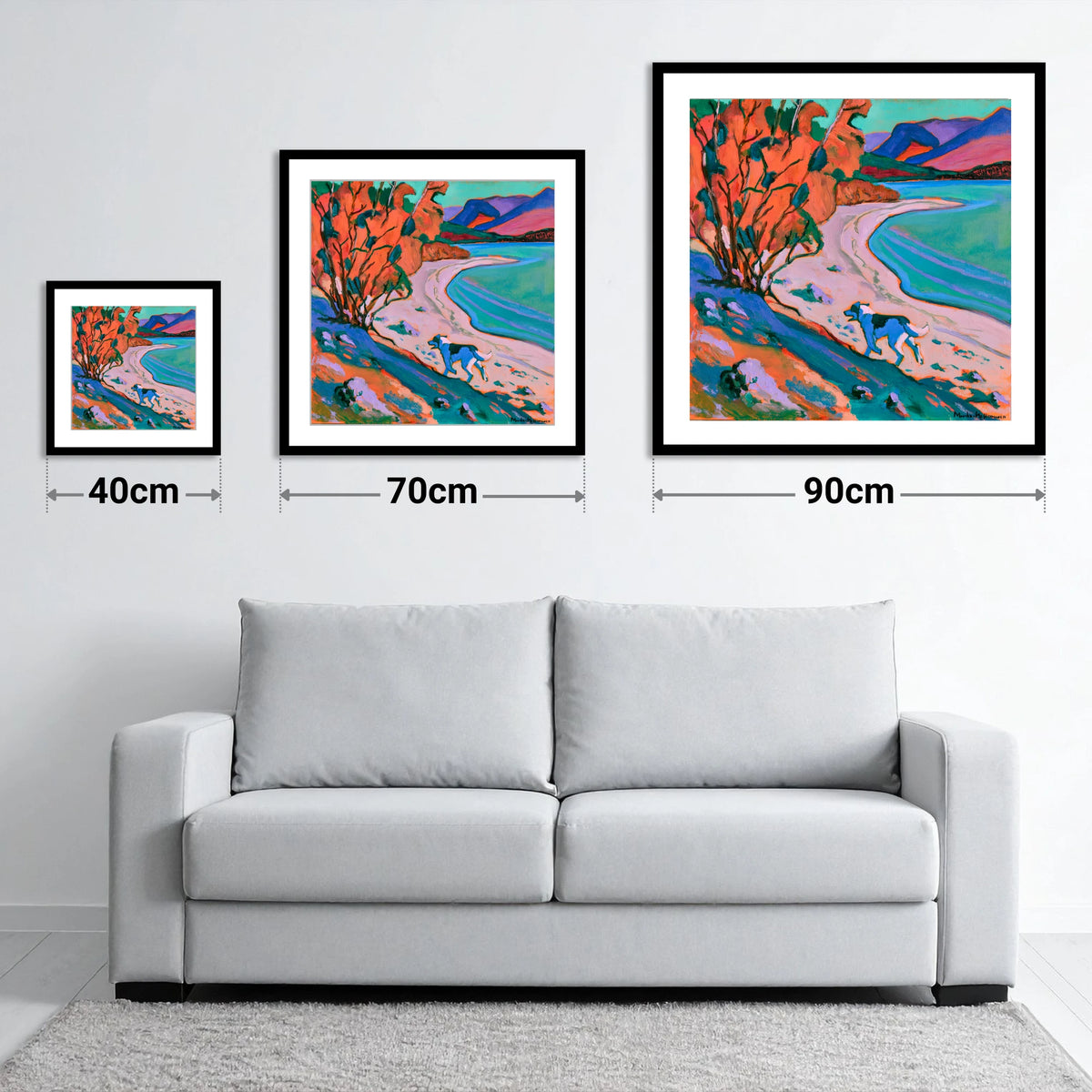Colourful Derwentwater Shore with Dog - size guide showing 40cm, 70cm and 90cm art prints