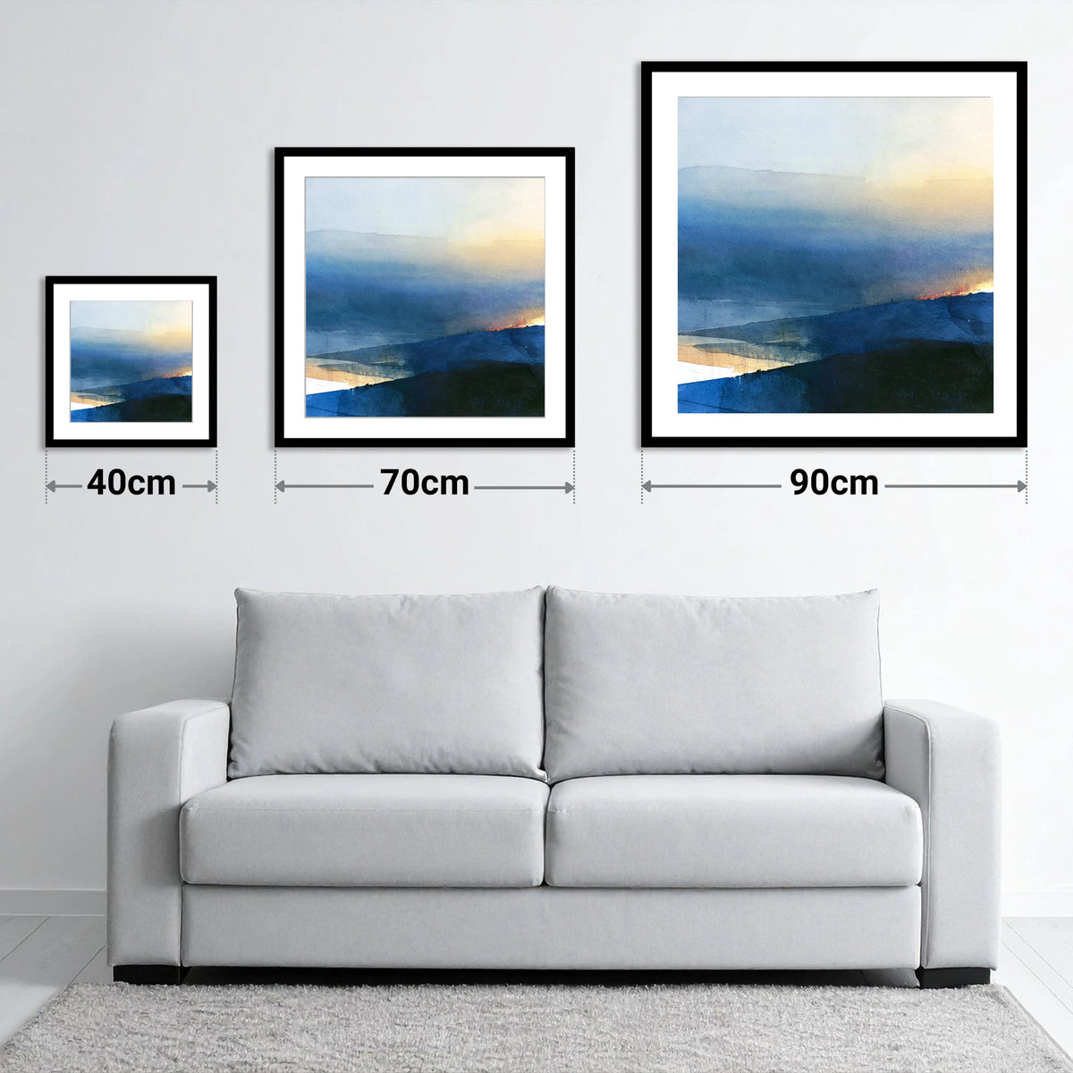 Summit View in Deep Indigo - size guide showing 40cm, 70cm and 90cm art prints