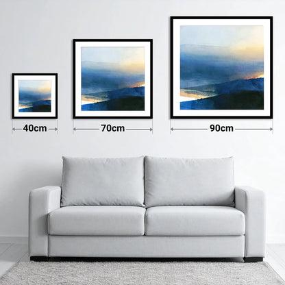 Summit View in Deep Indigo - size guide showing 40cm, 70cm and 90cm art prints