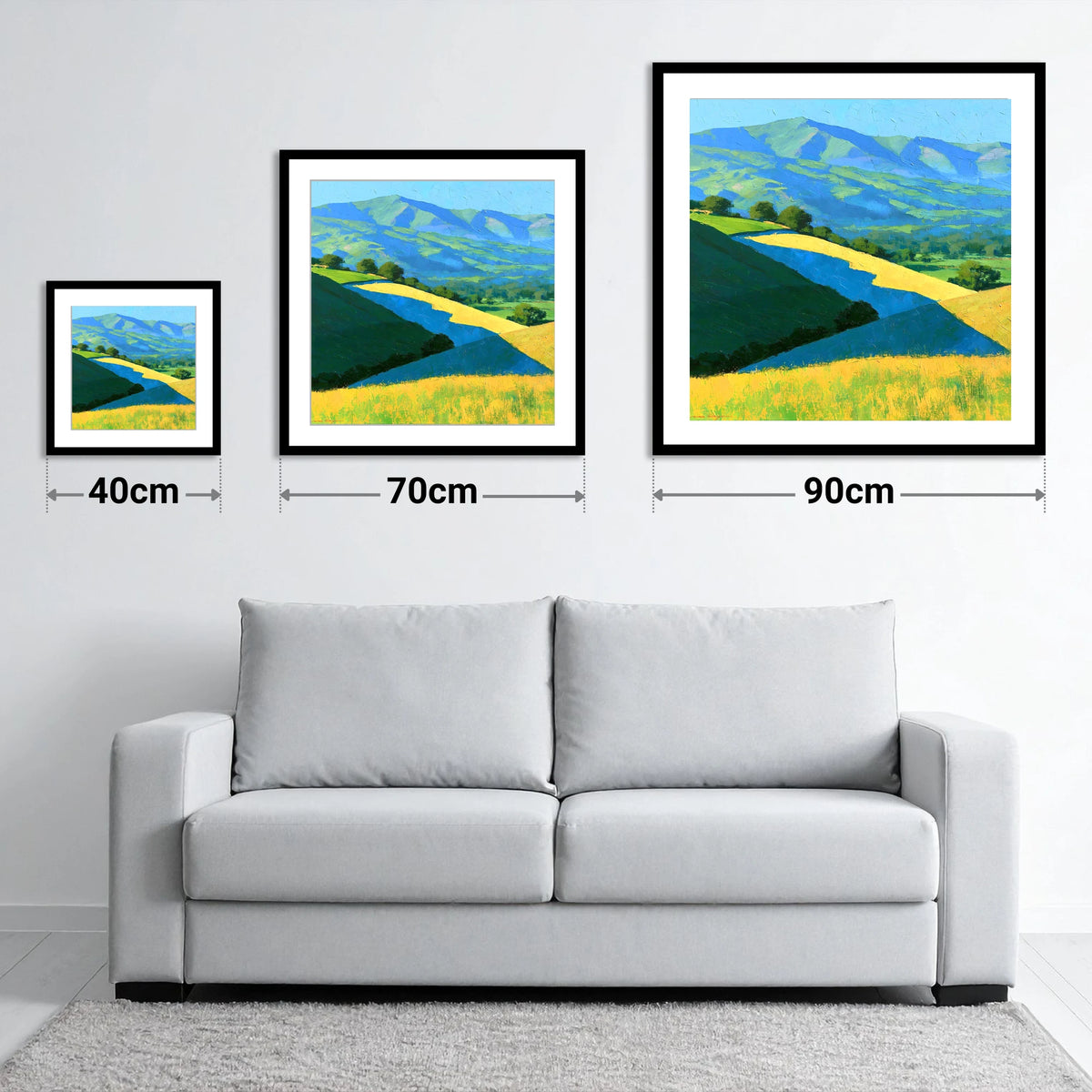 Sunlight and Cloud Shadows over Fells - size guide showing 40cm, 70cm and 90cm art prints