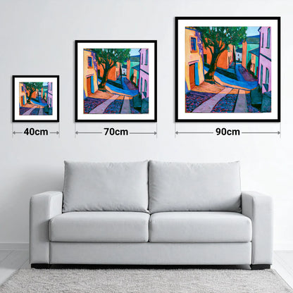 Cobbled Village Street in Vivid Colour - size guide showing 40cm, 70cm and 90cm art prints