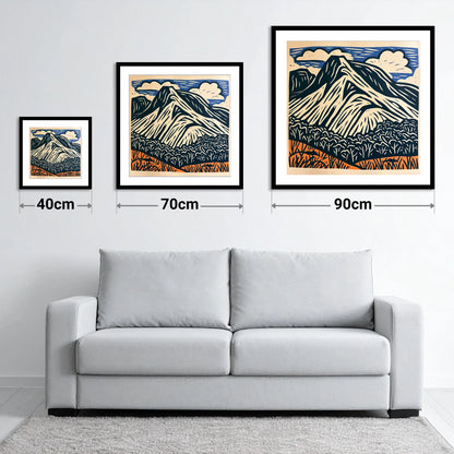 Bowfell Peak in Deep Navy - size guide showing 40cm, 70cm and 90cm art prints