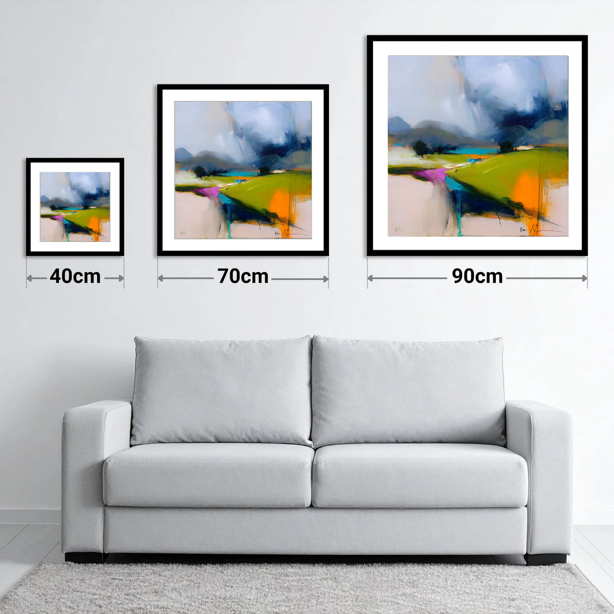 Storm Skies Over Bright Fells - size guide showing 40cm, 70cm and 90cm art prints