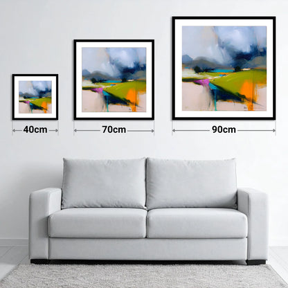 Storm Skies Over Bright Fells - size guide showing 40cm, 70cm and 90cm art prints