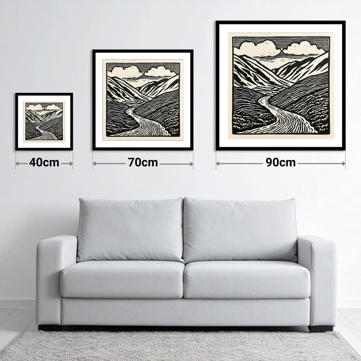 Monochrome Kirkstone Pass - size guide showing 40cm, 70cm and 90cm art prints
