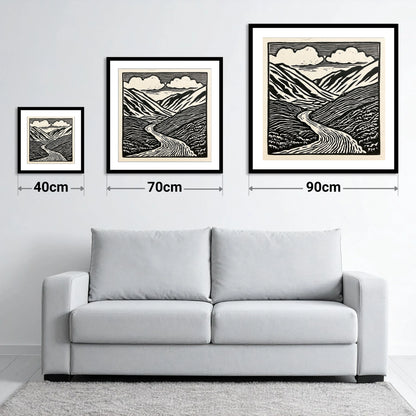 Monochrome Kirkstone Pass - size guide showing 40cm, 70cm and 90cm art prints