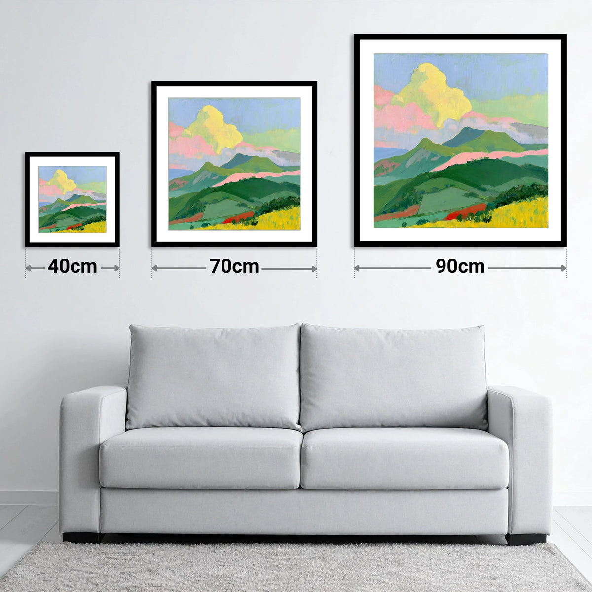 Vibrant Clouds Over Rolling Fells - size guide showing 40cm, 70cm and 90cm art prints