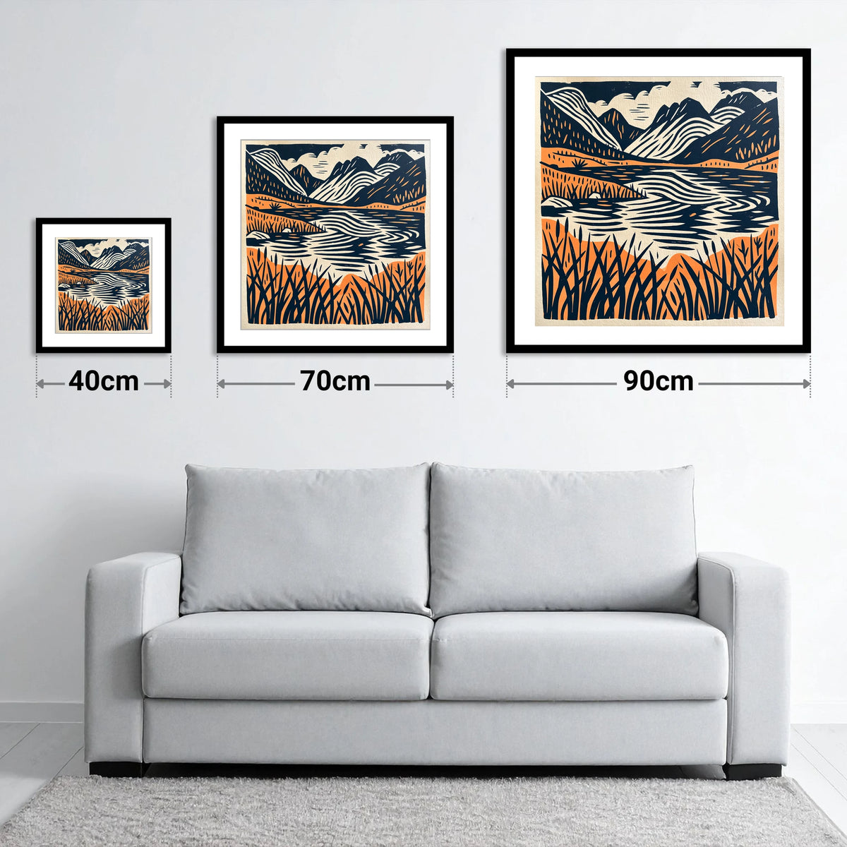 Terracotta Fells and Lake Reflections - size guide showing 40cm, 70cm and 90cm art prints