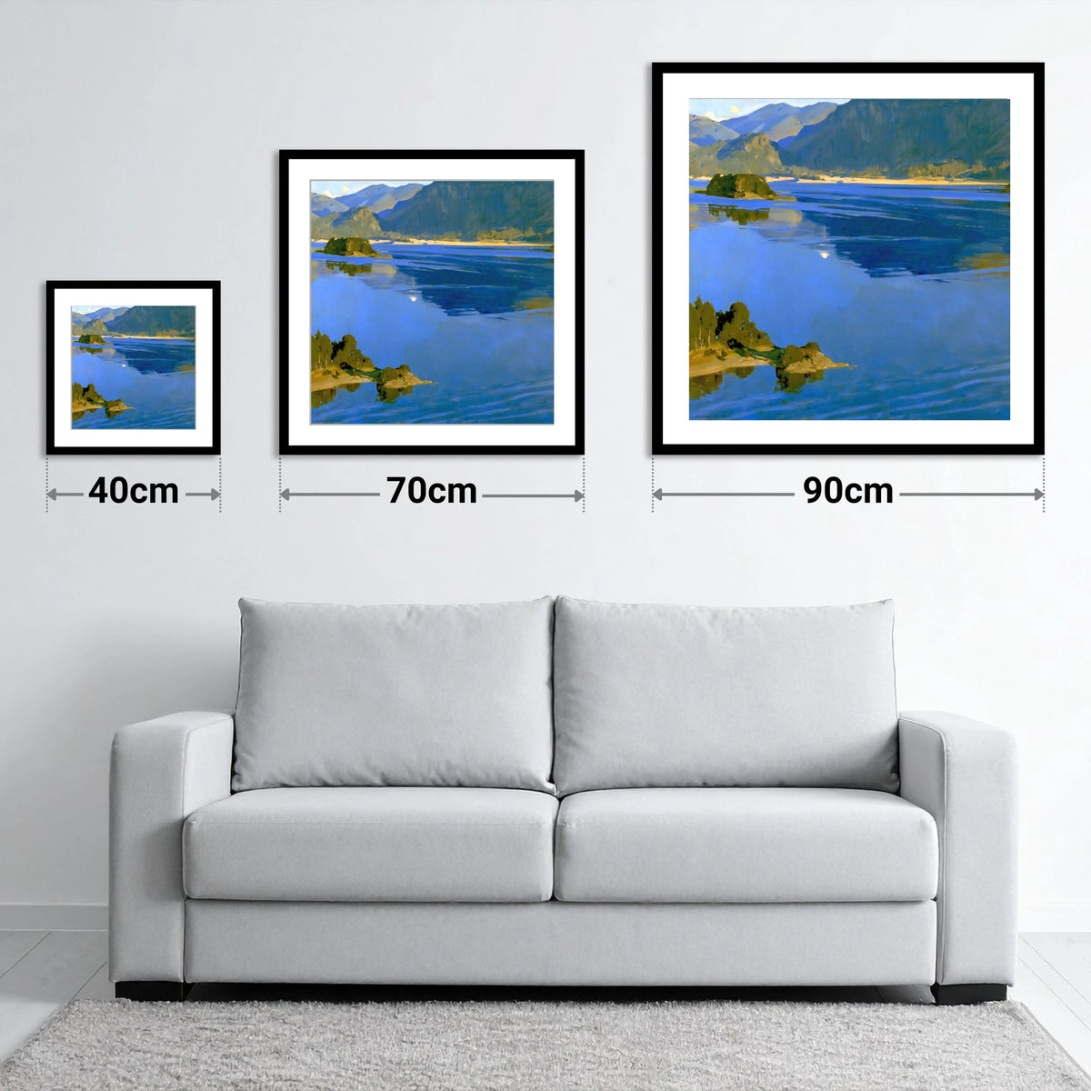 Deep Blue Derwentwater and Catbells - size guide showing 40cm, 70cm and 90cm art prints