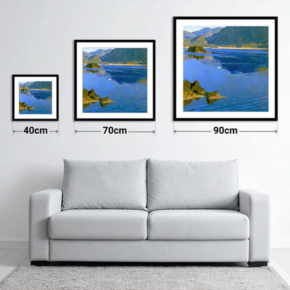 Deep Blue Derwentwater and Catbells - size guide showing 40cm, 70cm and 90cm art prints