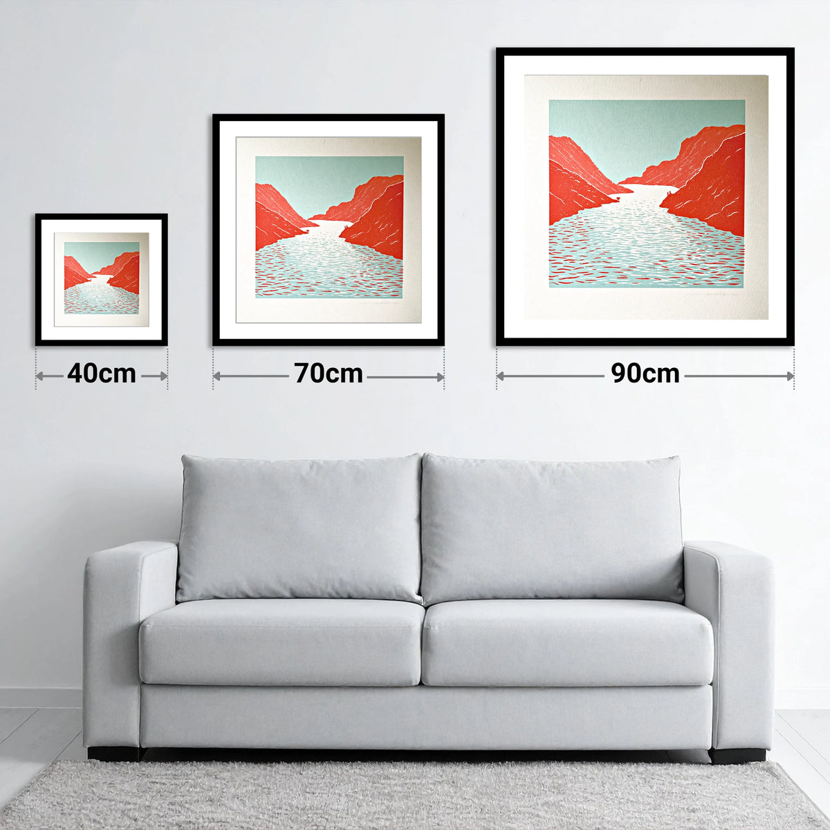 Bold Red Fells and Lake - size guide showing 40cm, 70cm and 90cm art prints