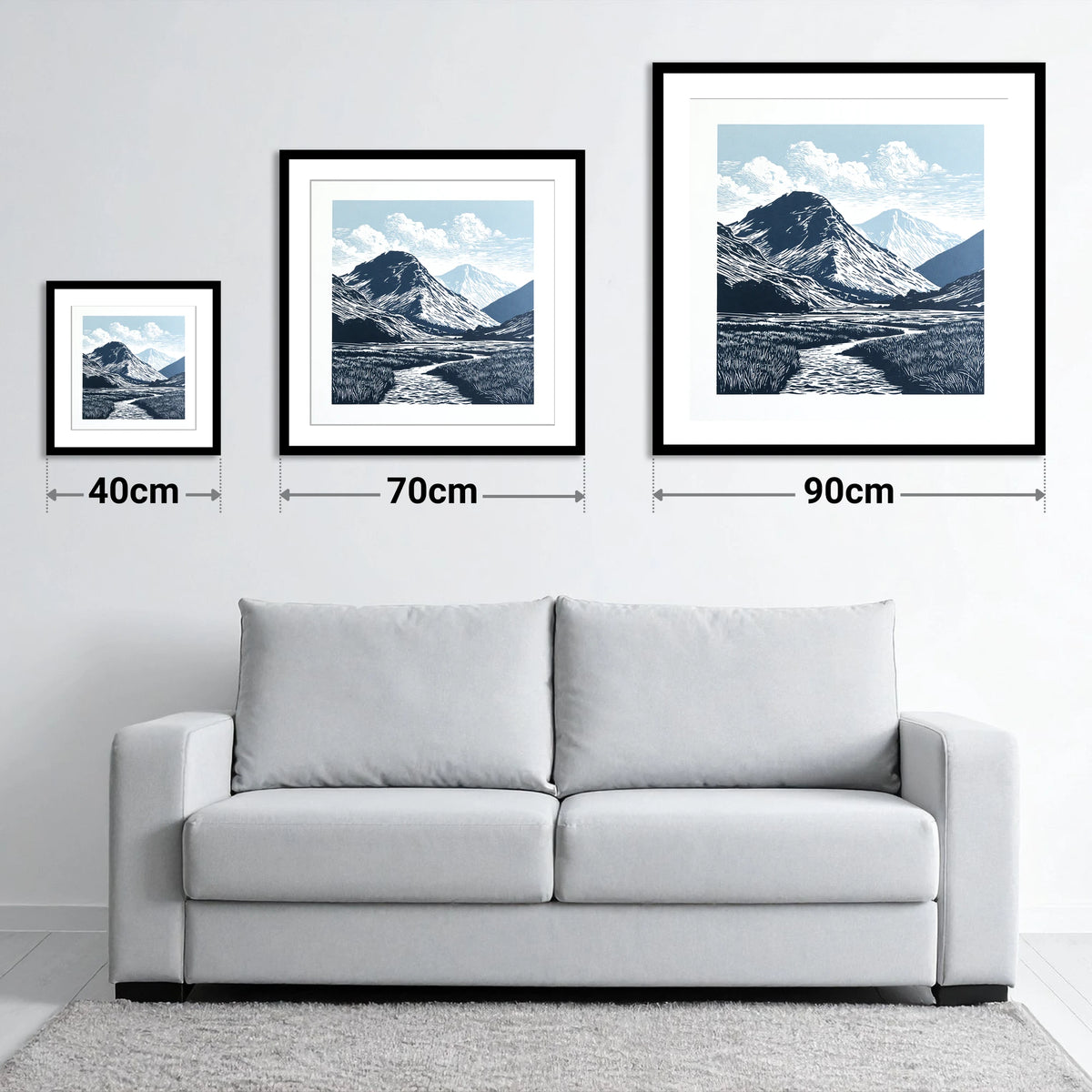 Scafell Pike in Deep Navy - size guide showing 40cm, 70cm and 90cm art prints