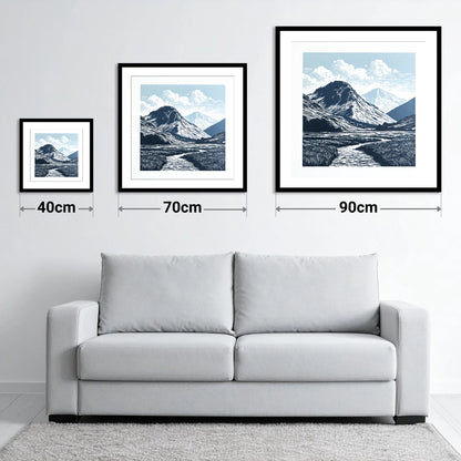 Scafell Pike in Deep Navy - size guide showing 40cm, 70cm and 90cm art prints