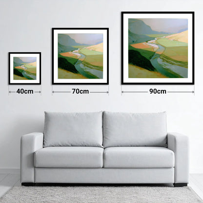 Winding River Through Sage Fells - size guide showing 40cm, 70cm and 90cm art prints