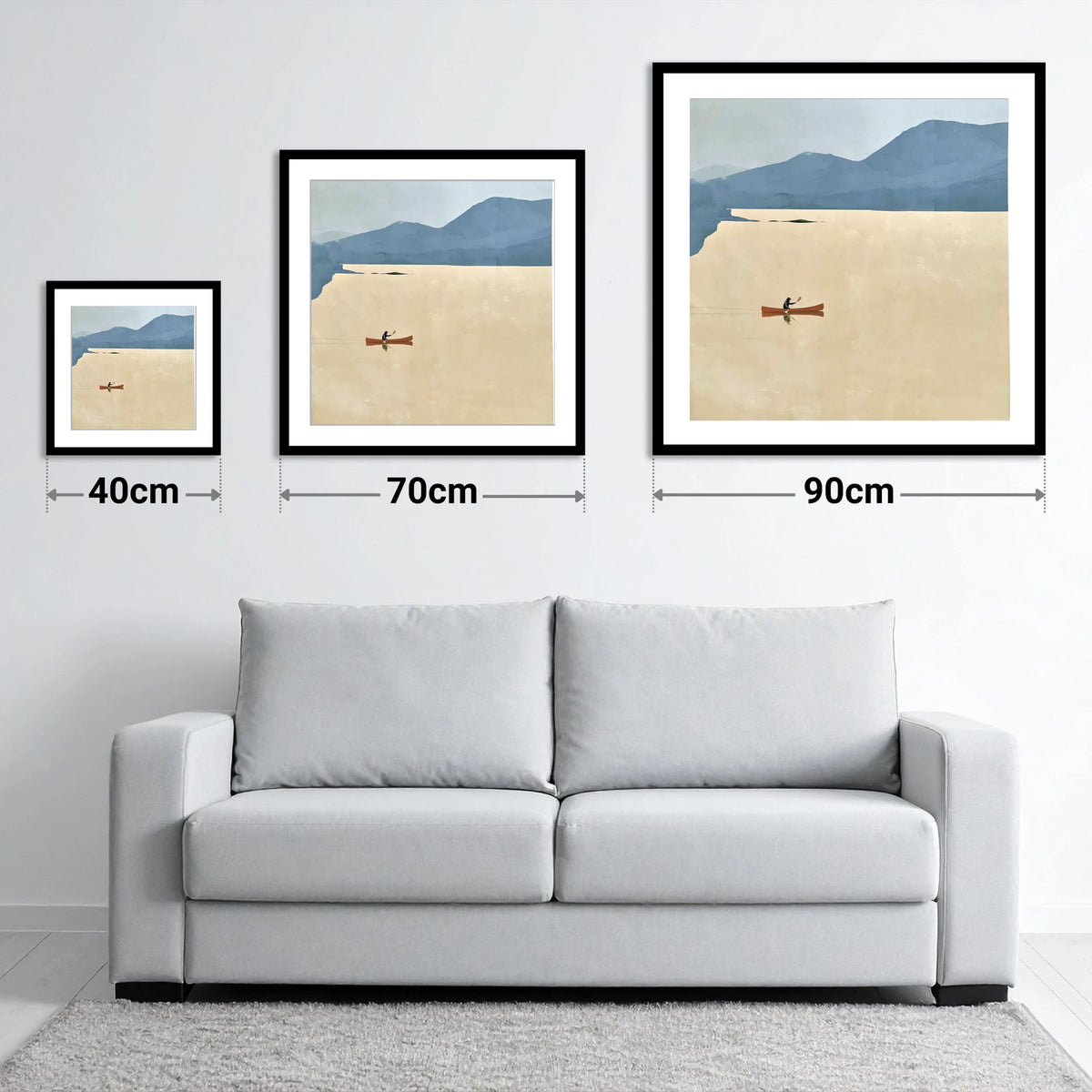 Solo Canoeist on a Golden Lake - size guide showing 40cm, 70cm and 90cm art prints