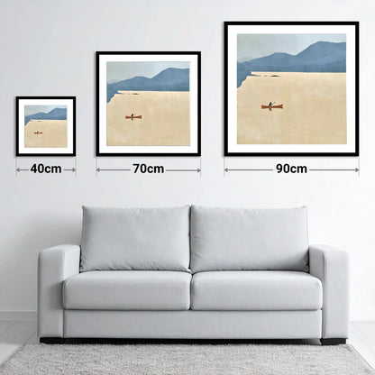 Solo Canoeist on a Golden Lake - size guide showing 40cm, 70cm and 90cm art prints