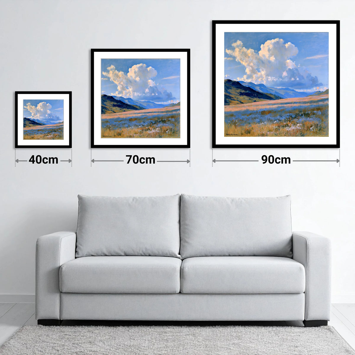 Towering Cloud Over Rolling Fells - size guide showing 40cm, 70cm and 90cm art prints