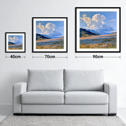 Towering Cloud Over Rolling Fells - size guide showing 40cm, 70cm and 90cm art prints