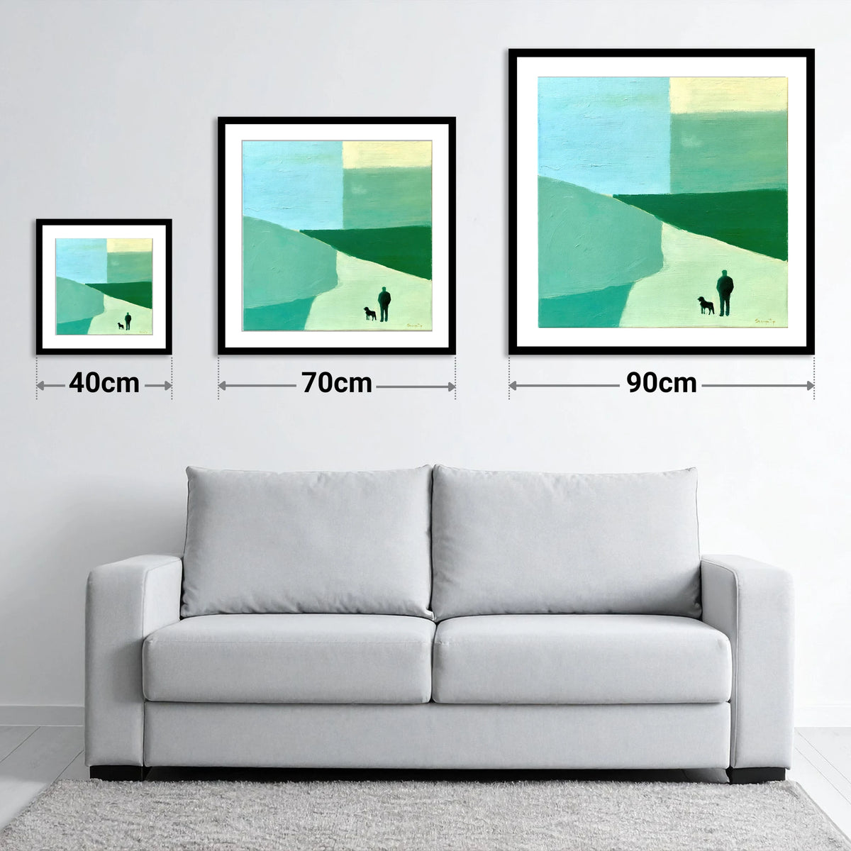 Shepherd and Dog Abstract Fells - size guide showing 40cm, 70cm and 90cm art prints