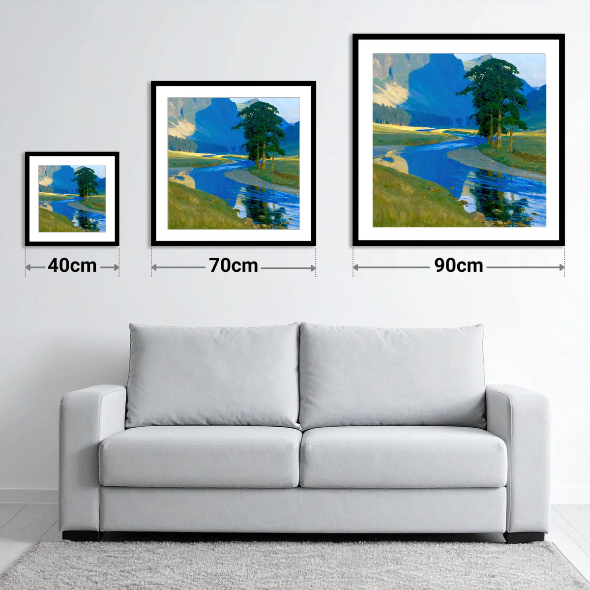 Vivid Winding Valley River - size guide showing 40cm, 70cm and 90cm art prints