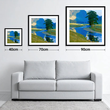 Vivid Winding Valley River - size guide showing 40cm, 70cm and 90cm art prints