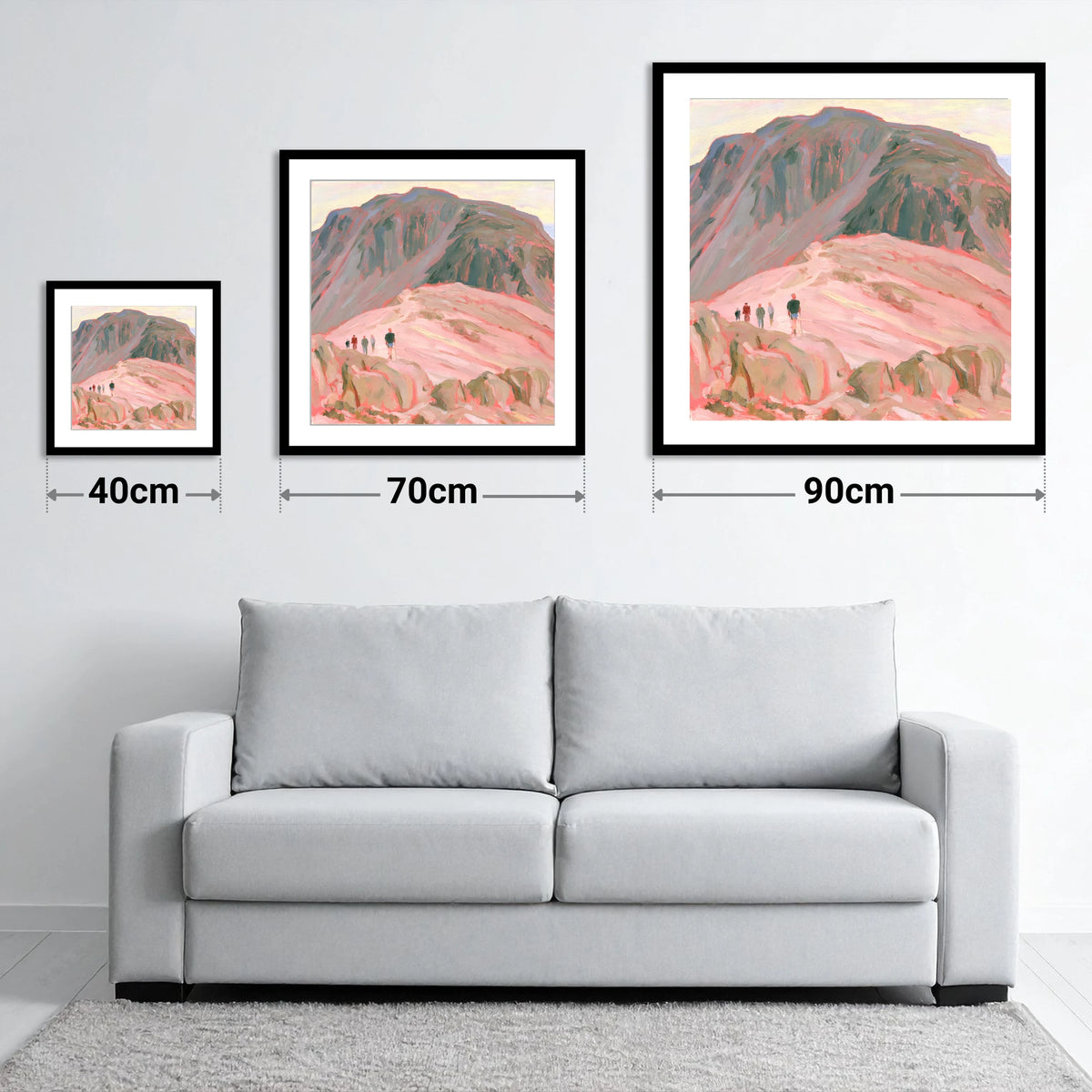 Fell Walkers in Pastel Pink - size guide showing 40cm, 70cm and 90cm art prints
