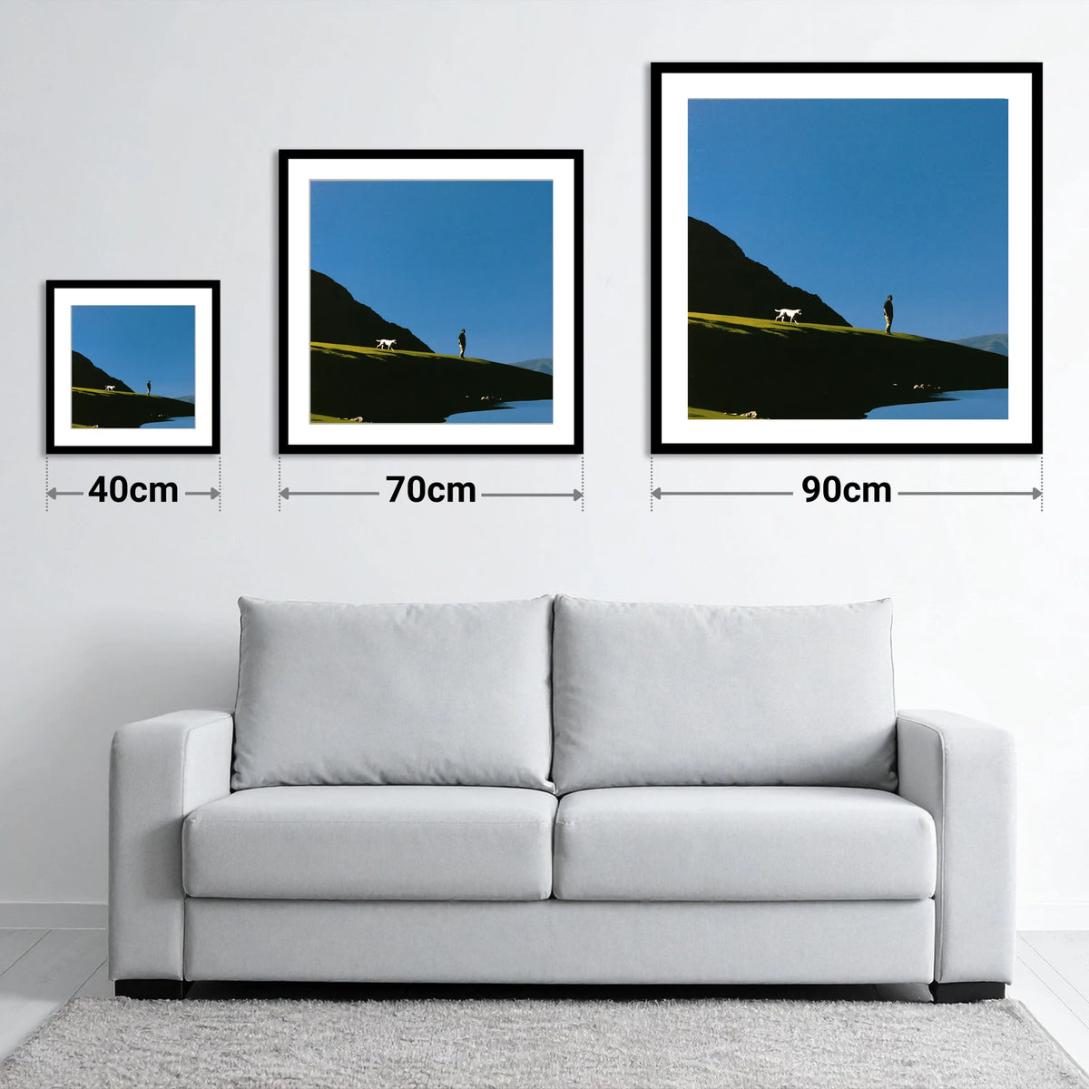 Silhouetted Glenridding Walker and Dog - size guide showing 40cm, 70cm and 90cm art prints