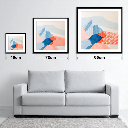 Abstract Skiddaw in Blue and Coral - size guide showing 40cm, 70cm and 90cm art prints