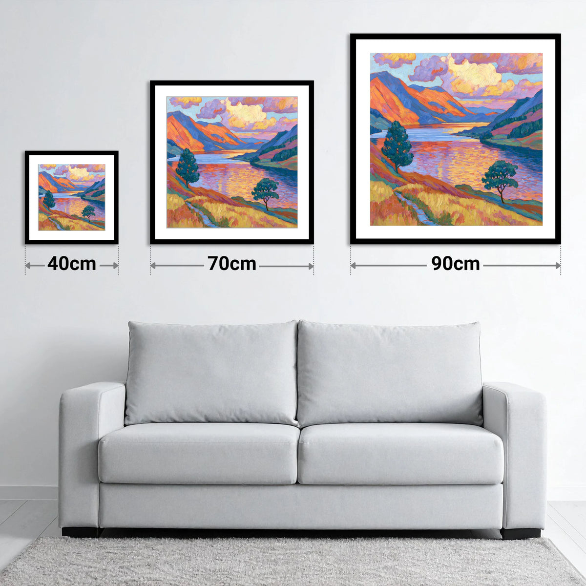 Radiant Evening Glow on the Fells - size guide showing 40cm, 70cm and 90cm art prints
