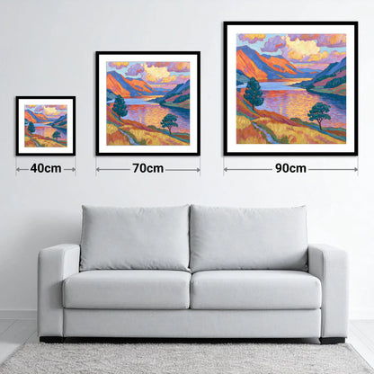 Radiant Evening Glow on the Fells - size guide showing 40cm, 70cm and 90cm art prints