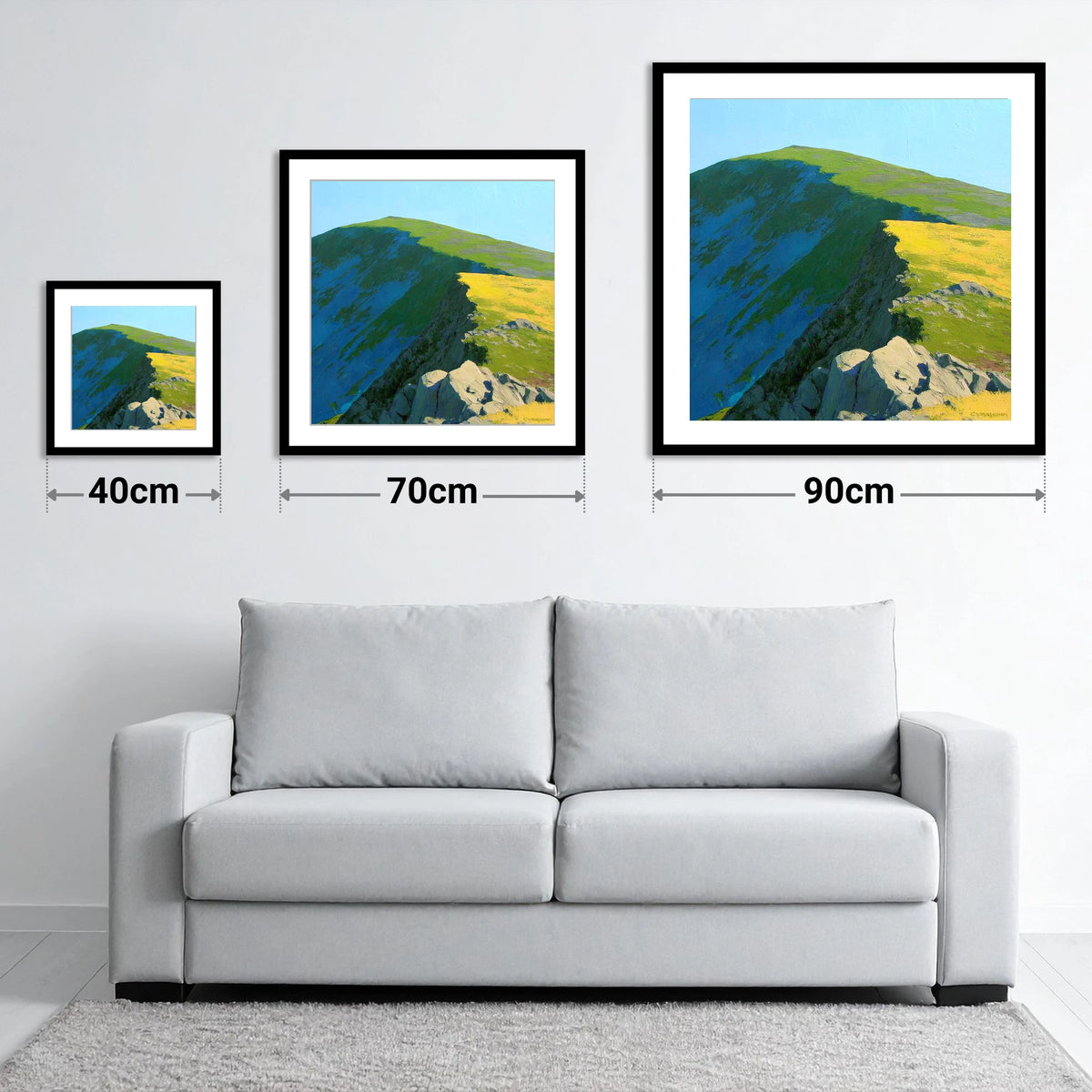 Vibrant Light on High Raise - size guide showing 40cm, 70cm and 90cm art prints