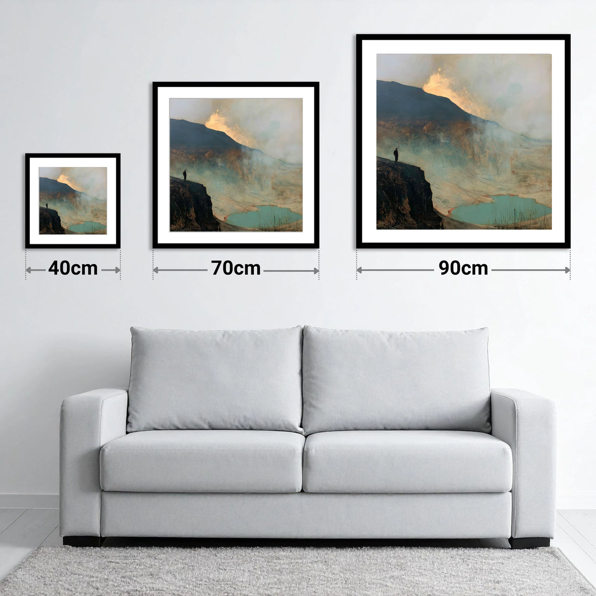 Helvellyn Walker in Golden Mist - size guide showing 40cm, 70cm and 90cm art prints