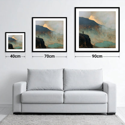 Helvellyn Walker in Golden Mist - size guide showing 40cm, 70cm and 90cm art prints