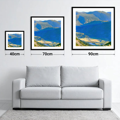 Sunlit Patterdale from Place Fell - size guide showing 40cm, 70cm and 90cm art prints