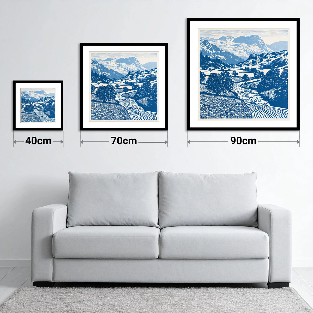 Cobalt Blue Eskdale Valley - size guide showing 40cm, 70cm and 90cm art prints