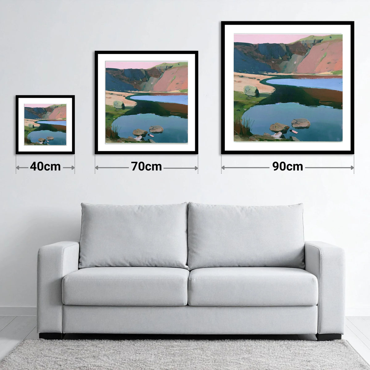 Blush Sky Over Easedale Tarn - size guide showing 40cm, 70cm and 90cm art prints