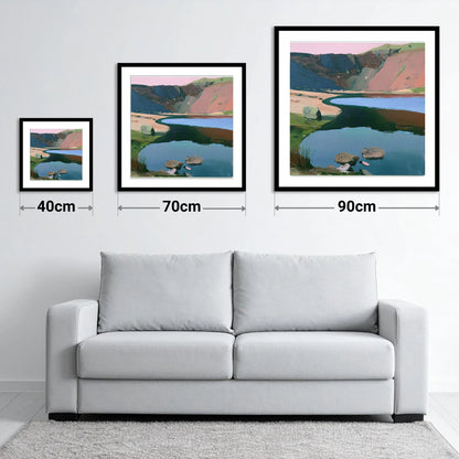 Blush Sky Over Easedale Tarn - size guide showing 40cm, 70cm and 90cm art prints