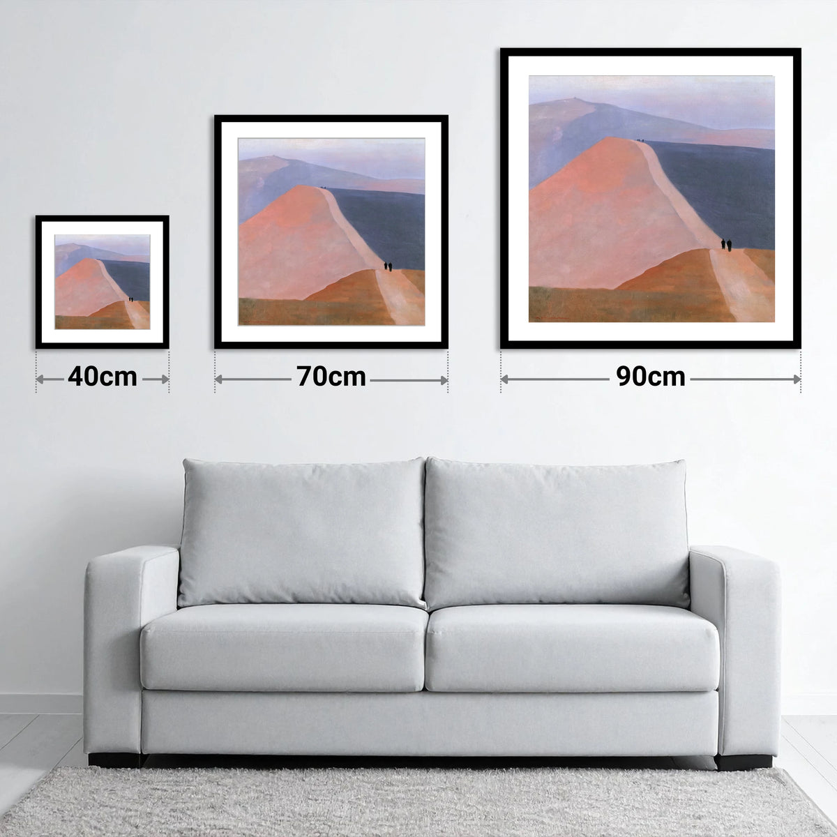 Walkers on a Pastel Mountain Ridge - size guide showing 40cm, 70cm and 90cm art prints