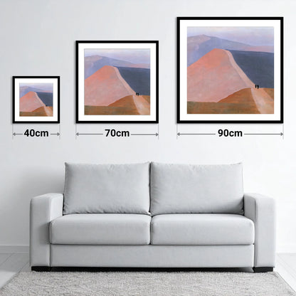Walkers on a Pastel Mountain Ridge - size guide showing 40cm, 70cm and 90cm art prints