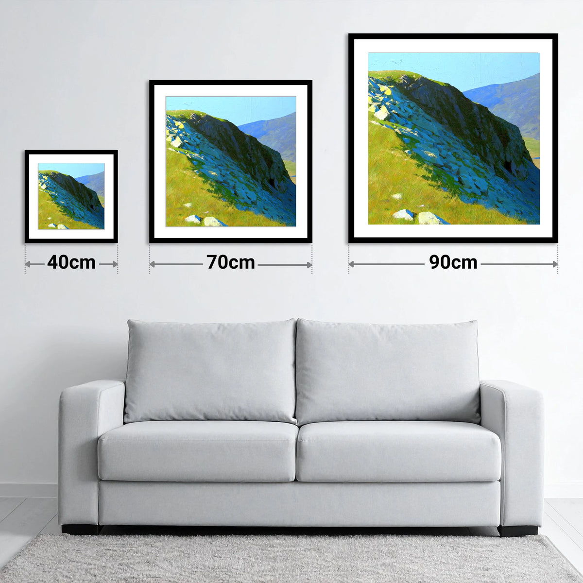 Sunlit Slopes on Rossett Pike - size guide showing 40cm, 70cm and 90cm art prints