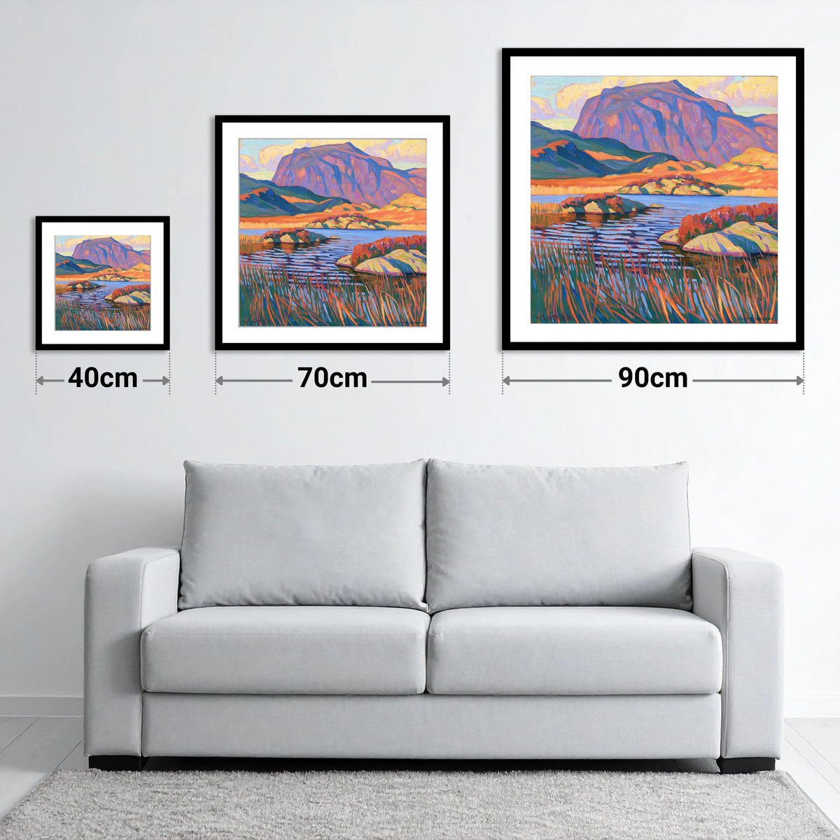 Vibrant Haystacks and Mountain Tarn - size guide showing 40cm, 70cm and 90cm art prints
