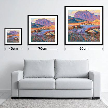Vibrant Haystacks and Mountain Tarn - size guide showing 40cm, 70cm and 90cm art prints